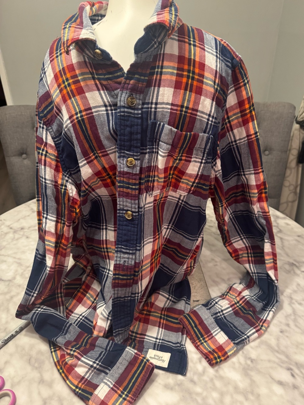 Abercrombie & Fitch Plaid Shirt in Navy, Red & Orange